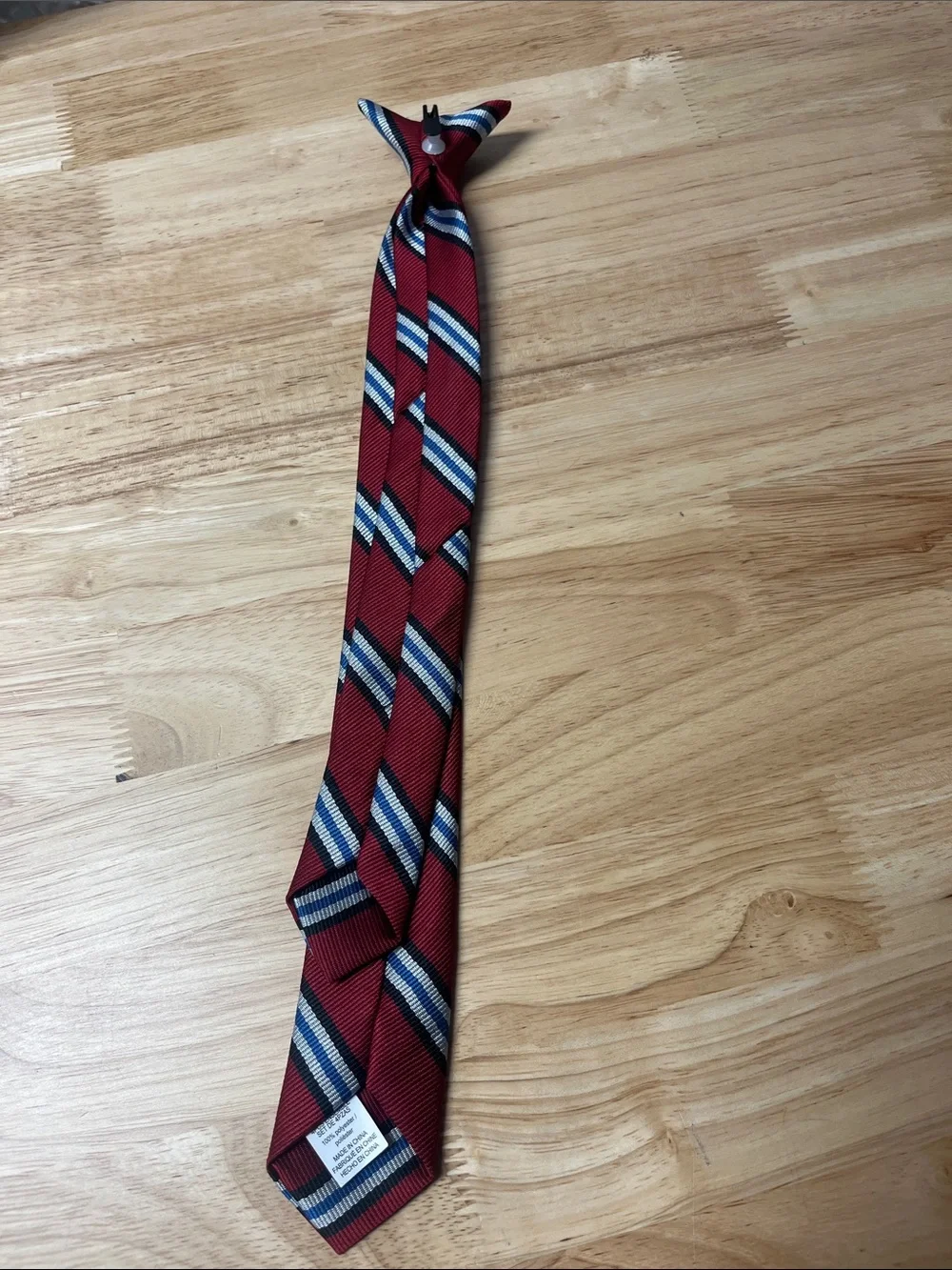 Boys Striped Clip-On Tie Burgundy Blue White